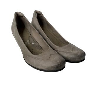 Ecco Classic Sculptured 75 Gray Nubuck Leather Pumps Block Heel Career Shoes EU